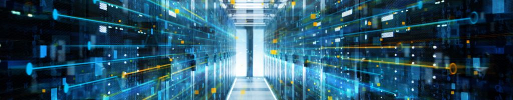 Shot of Corridor in Working Data Center Full of Rack Servers and Supercomputers with Internet connection Visualization Projection.