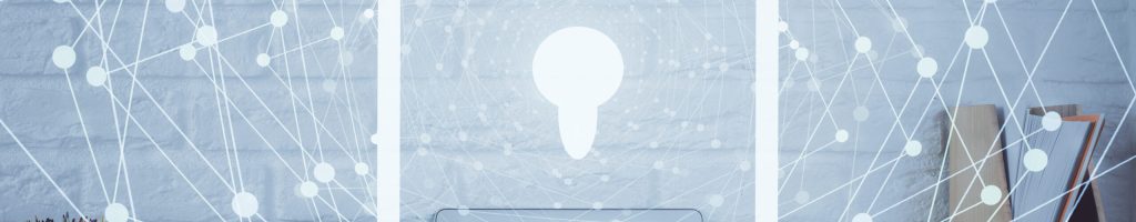 Double exposure of desktop with computer and lock icon hologram. Concept of data safety.